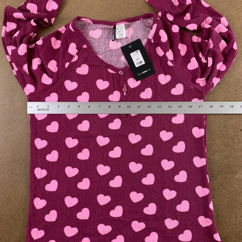 Fashion Nova Womens Pajama Set Maroon Pink Hearts Scoop Neck Long Sleeve L New - Picture 5 of 12